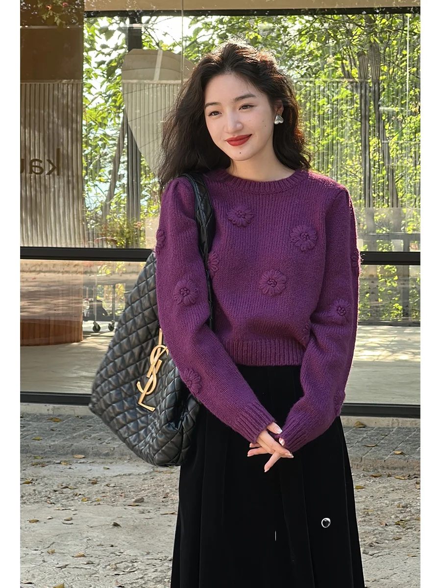 

Autumn Winter Hand Knitted ort Sve Women's Sweater Heavy Work 3D Flower Design Loose Fit Overhead Ma Hai Wool Sweater