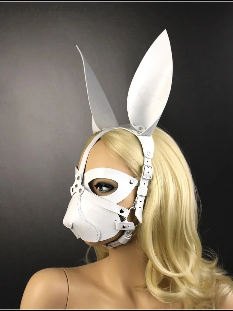 Faux Leather Long Bunny Ear Rabbit Mask Adjustable Harness Face Mask Adult Halloween Cosplay Masquerade Party Costume Accessory 3