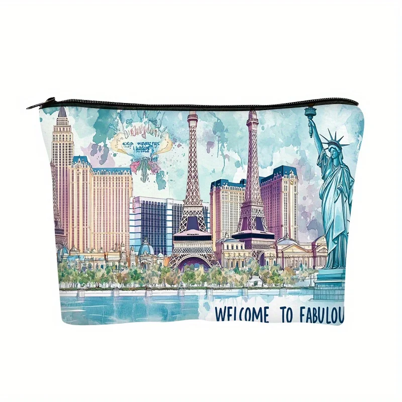 

A Elegant Paris And New York Skyline Design Makeup Bag- Multifunctional Zipper Pouch, Jewelry Storage Bag, Perfect Travel Zipper
