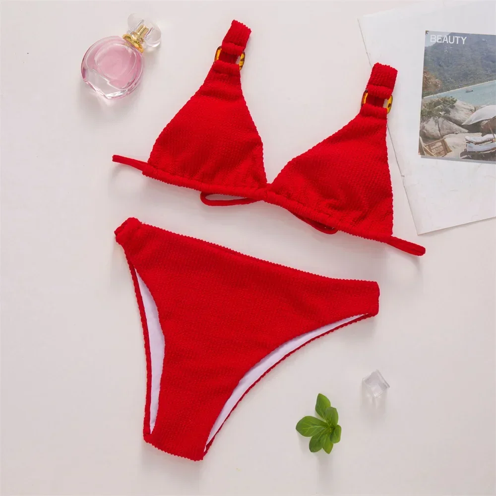 

Red Bikini Ribbed String Tie Back Swimwear Y2K Push Up Rings Swimsuit Women Summer Vacation Beach Outfits Bathing Swimming Suits