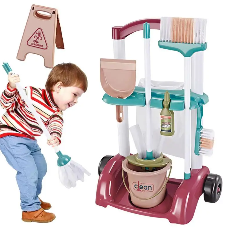 Simulation Cleaning Tool Cart Pretend Play Kids Toys Broom For Children Home Cleaning Hygiene Toys Vacuum Cleaner Broom Mop Set