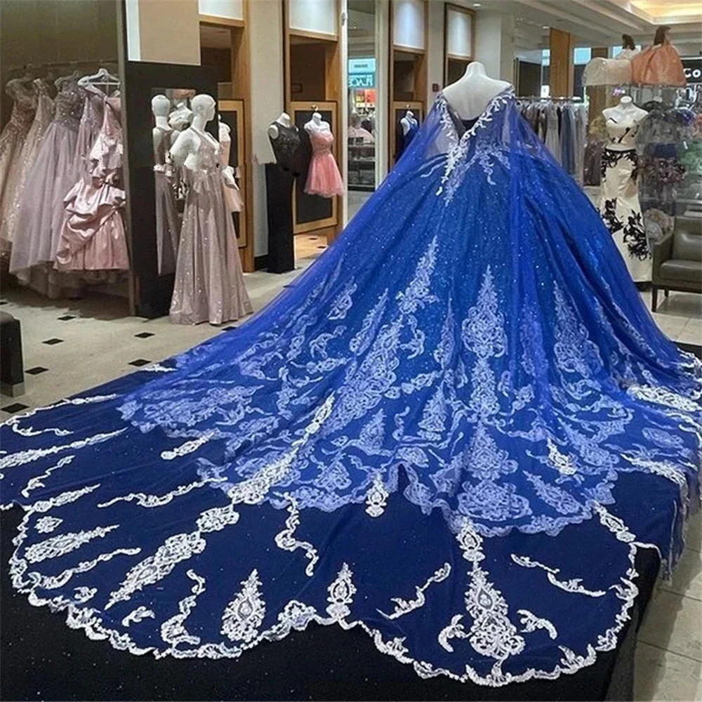 Scintillante Royal Blue Princess Quinceanera abiti con mantello lucido perline pizzo Vestidos De 15 Anos compleanno Ball Gown corsetto