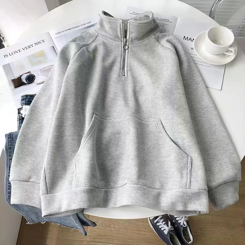 Fleece Stand Collar Women Pullover Pure Color Ladies Half Zipper Loose Winter Pocket Fashion Long Sleeves Women Sweatshirts