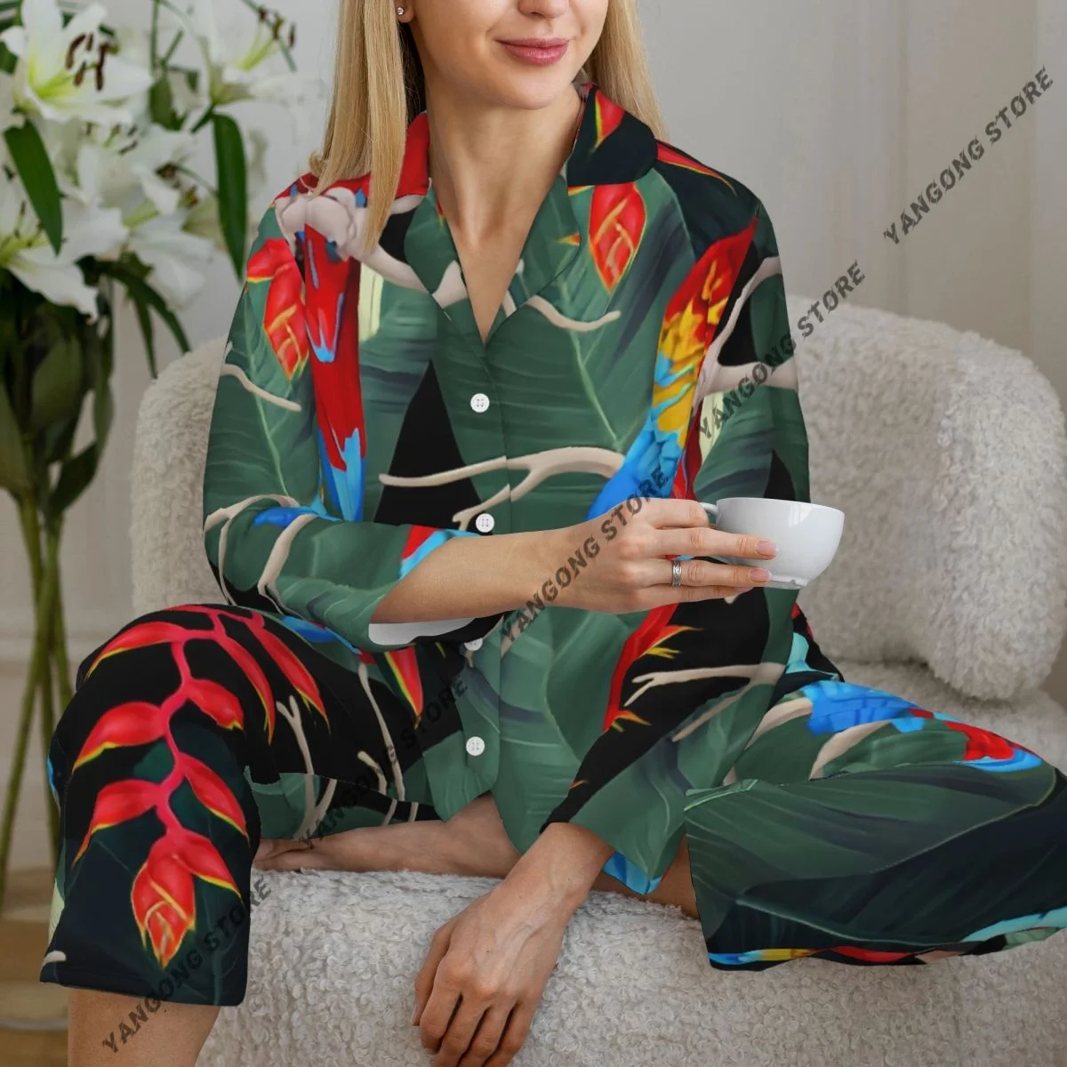 

Women Sleepwear Pajamas Macaw And Trees Long Sleeve Pijama Female Set Negligee Cardigan Suit