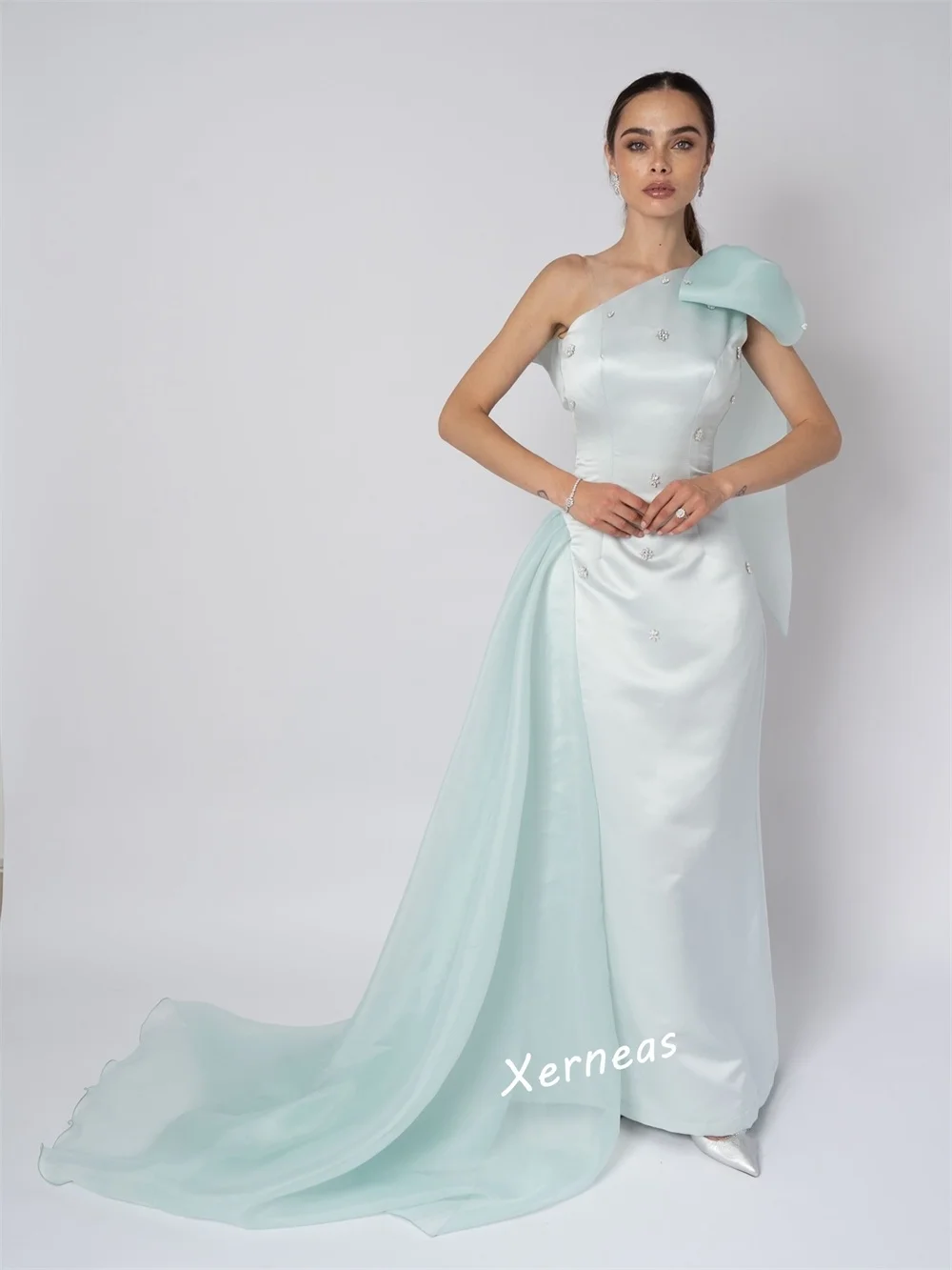 Customized Charmeuse Sequined Bow One-shoulder Trumpet Long Dresses Evening Party Gown Bespoke Occasion Elegant High Quality