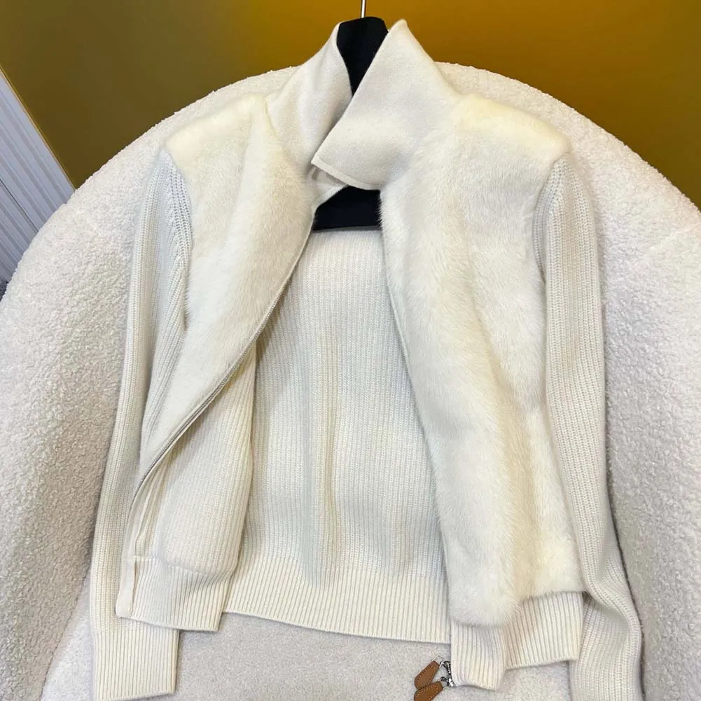 Cappotti in vera pelliccia di visone da donna, cardigan lavorato a maglia a collo alto e sciolto per l'inverno