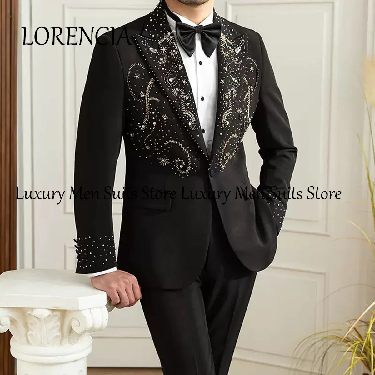 Formal Beaded Crystals Men Wedding Suits Slim Fit 2 Pieces Sets Black Dinner Groom Tuxedos Party Prom Blazers Costume Homme