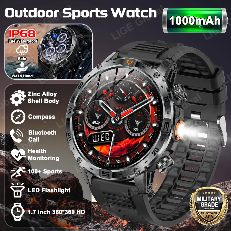 

Смарт-часы LIGE For T-Rex 3 с аккумулятором 1000 мАч военного класса, водонепроницаемые IP68, спортивные, с Bluetooth-звонками, 1.7" HD, мужские, новинка 2026 года