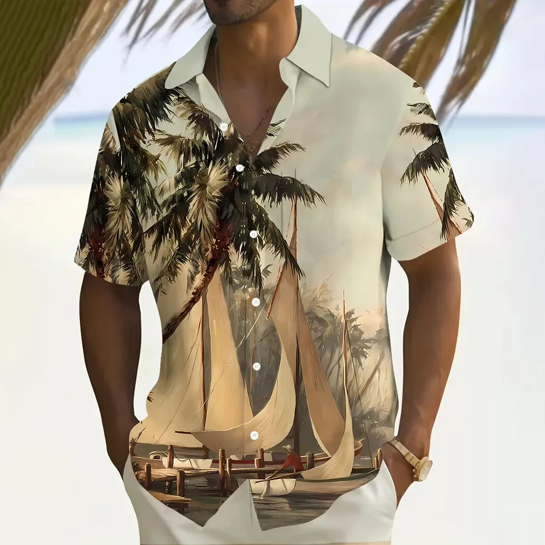 

Palm Trees Print Men's Shirts Summer New Short Sleeve Beach Casual Hawaiian Shirts Loose Oversized Shirt For Men Clothing