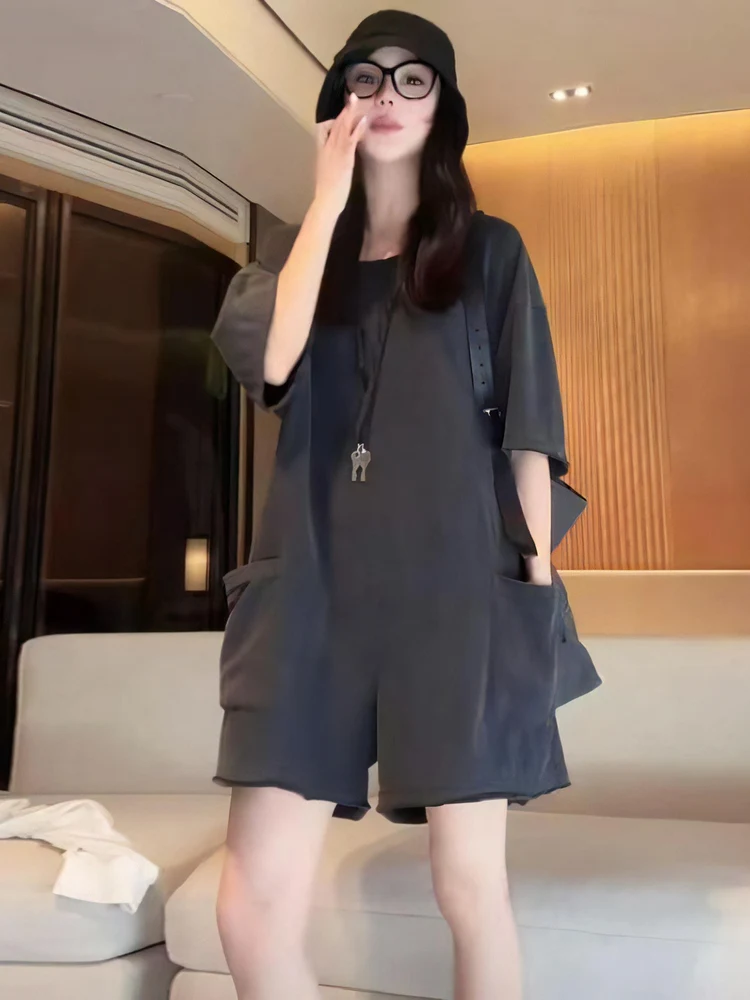 Retro kombinezon z szerokimi nogawkami damski letni nowy luźny wyszczuplający z wysokim stanem spodnie ort do pracy wygodny materiał