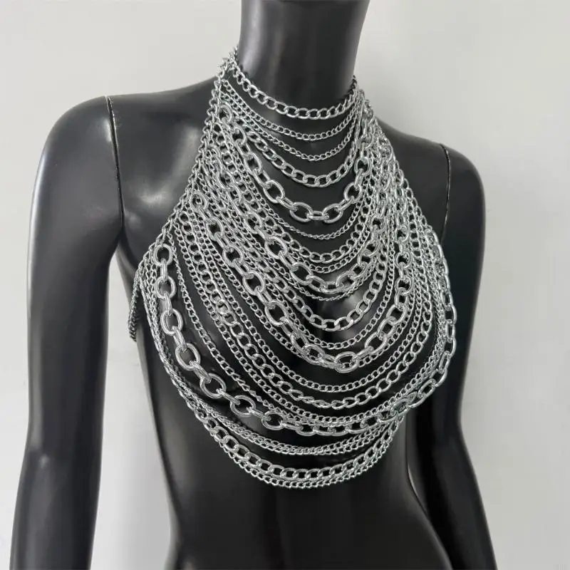 39BC Punk Theme Body Chain Metallic Chest Chain Tassels Necklace Women Body Jewelry