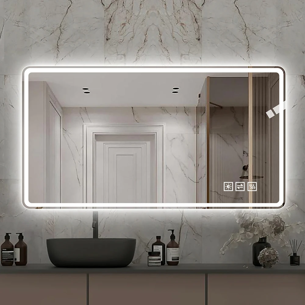 60×120cm rahmenloser LED-Badezimmerspiegel mit mattierter Frontbeleuchtung, beschlagfrei, 3 Lichtfarben, stufenlose Dimmung, Speicherfunktion, horizontal und vertikal montierbar, IP44 wasserdicht