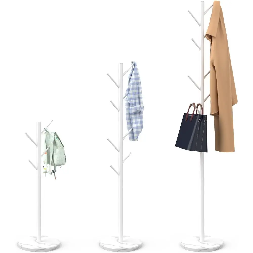 Heavy Duty Coat Rack with Natural Marble Base, 8-Hook Metal Stand, Stable Hanger Tree for Bags, Clothes, Hats, White