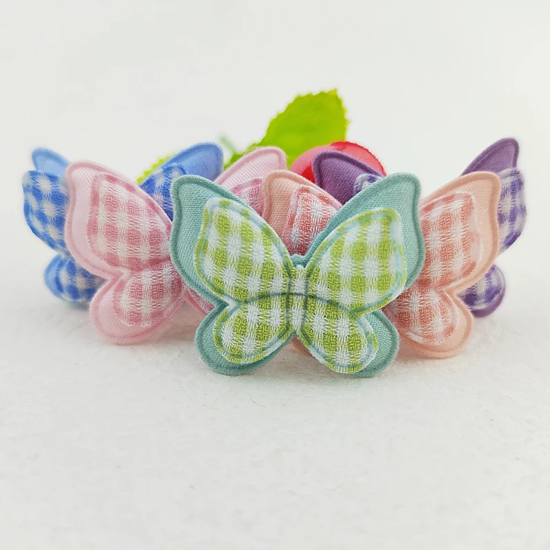 30個4.2*3.2センチメートルギンガム二層蝶アップリケ服の帽子のため縫製用品diy帽子ヘアクリップ弓装飾パッチ
