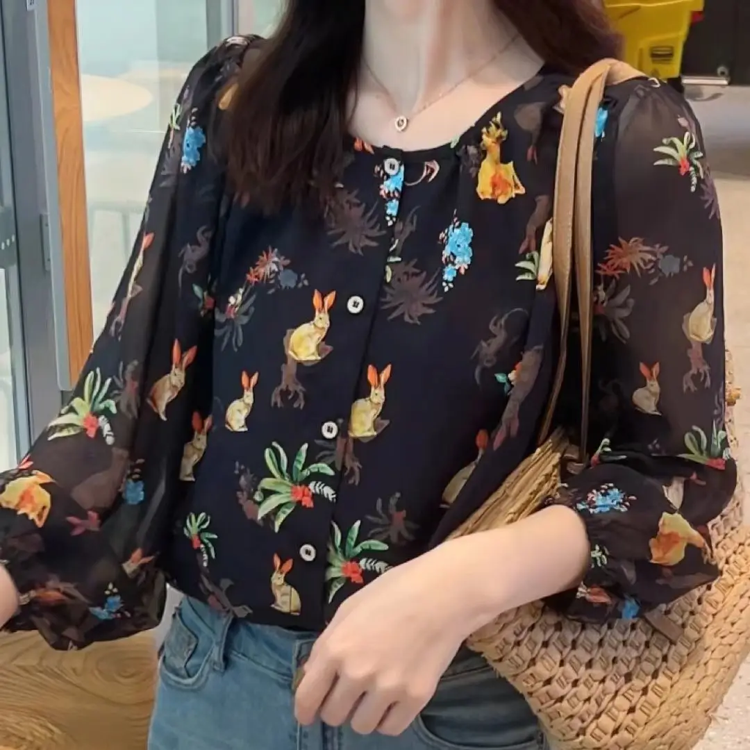 Casual solto bolha sve longo sve chiffon floral impressão irt feminino faion primavera verão novo sle solto ajuste topo