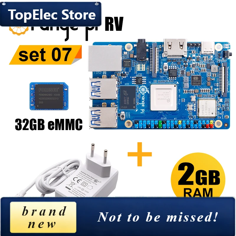 TopElec Orange Pi RV 2GB LPDRR4+5V4A Type-C Power Supply+32GB EMMC Module Single Board Computer 3pcs Sets, Starfive JH-7110 RISC