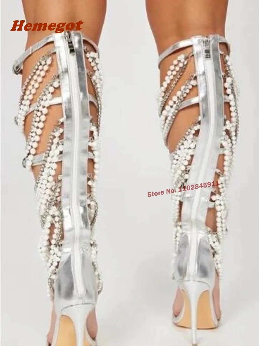 Pearl Metal Chain Sandals Tassel Crystals Square Toe Stiletto Heels Women's Sandals Buckle Strap Cut Out Back Zipper Summer Shoe view 4