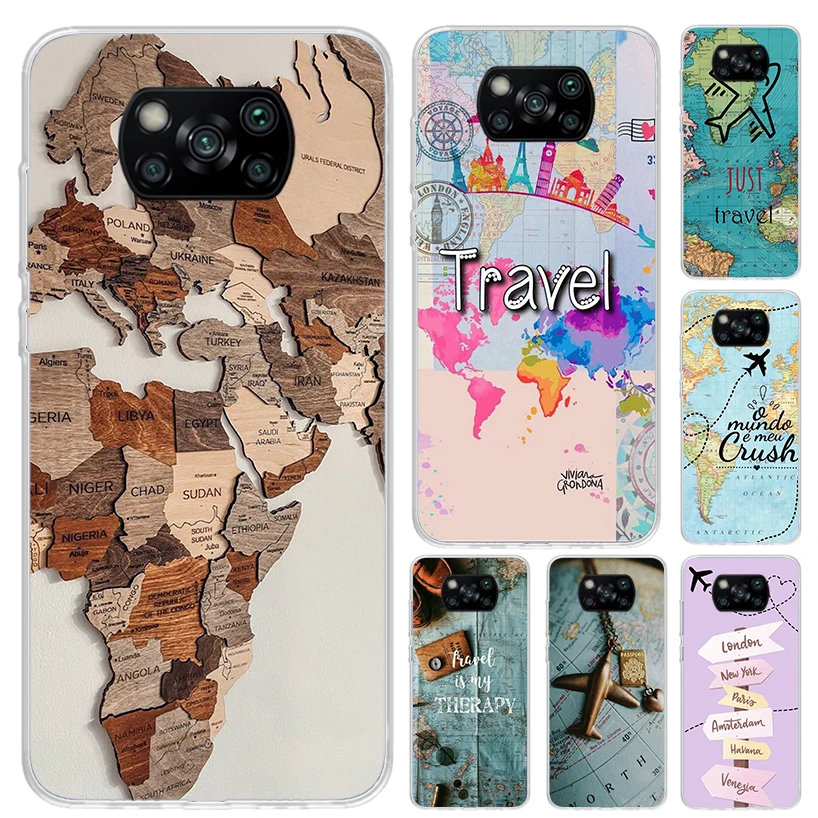 World Map Travel Plans Phone Case for Xiaomi Poco X6 X5 X4 X3 Nfc F6 F5 F4 GT F3 F2 Pro F1 M5S M4 M3 5G Soft Funda Print Shell