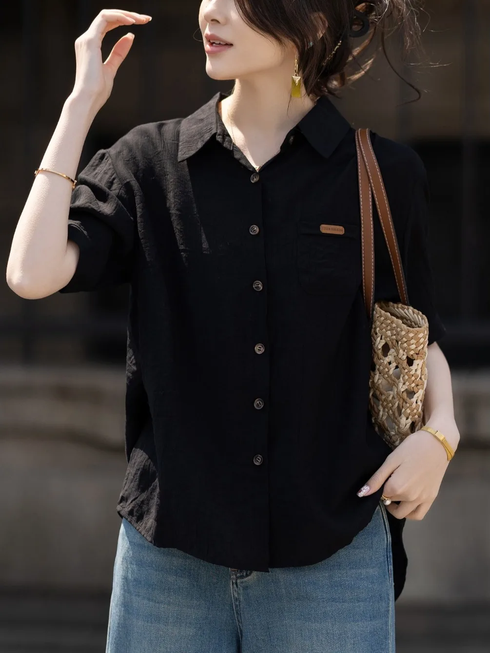 

Стильная женская летняя повседневная свободная блузка в стиле ретро с воротником, скрывающая живот, универсальный топ