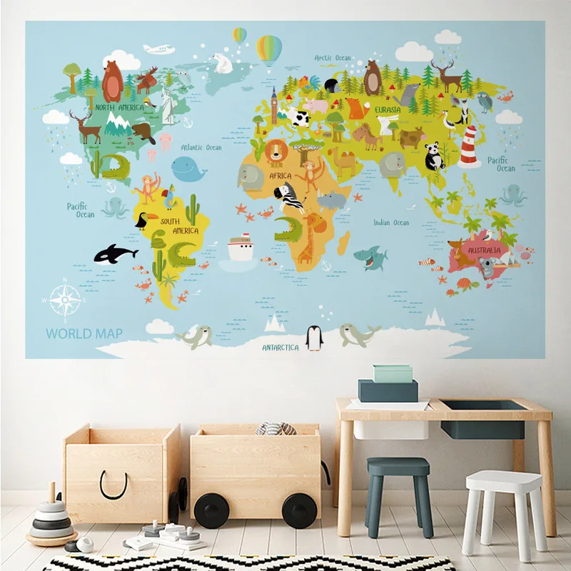 Large Cartoon World Map Wall Stickers Animals Watercolor Kids Room Baby Vinyl Nursery Art Decals for Babys Girls Room Home Decor