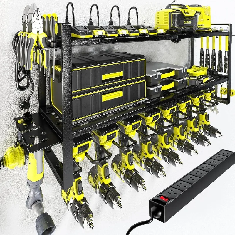 

Power Tool Organizer with Charging Station. 8 Drill Holder 3 Layers Tool Storage Shelf Wall Mount Built in 8 Outlet Power Strip