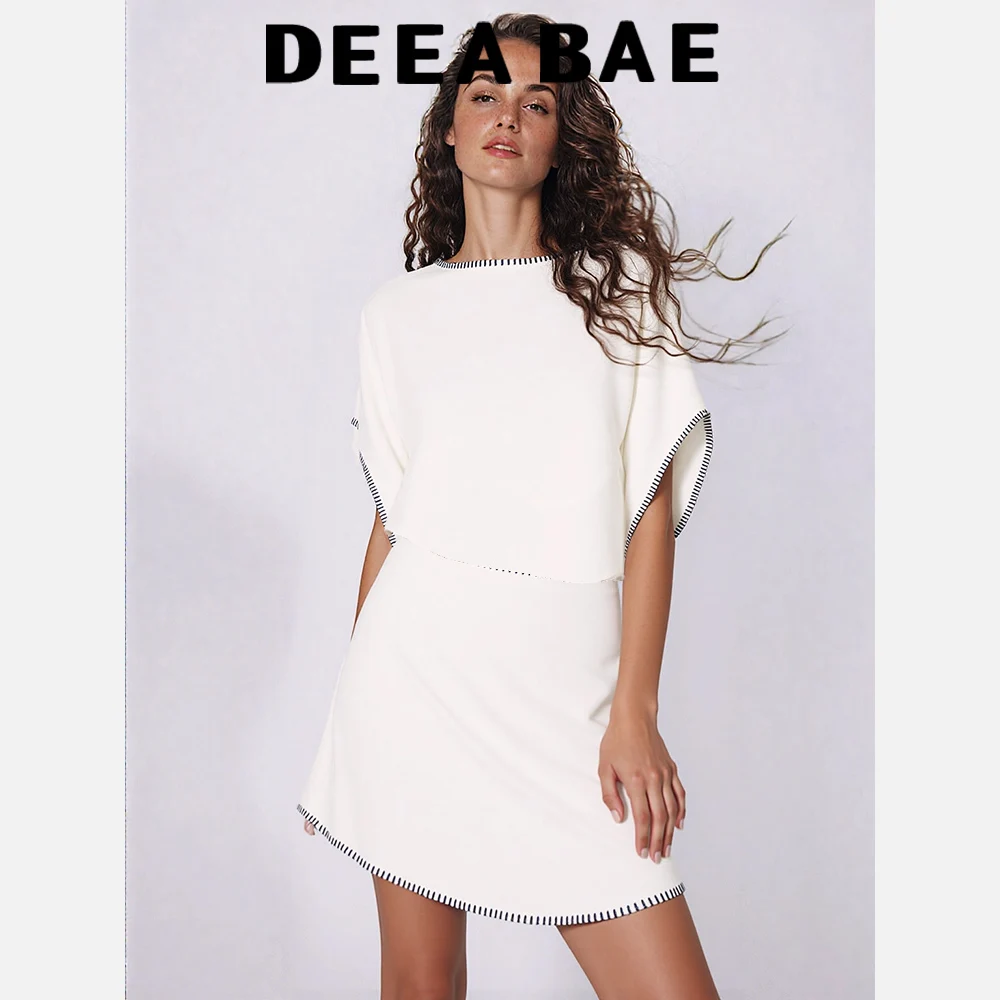 Deeabae feminino outono nova coleção cor contrastante bordado em torno do pescoço camisa de malha conjunto meia saia