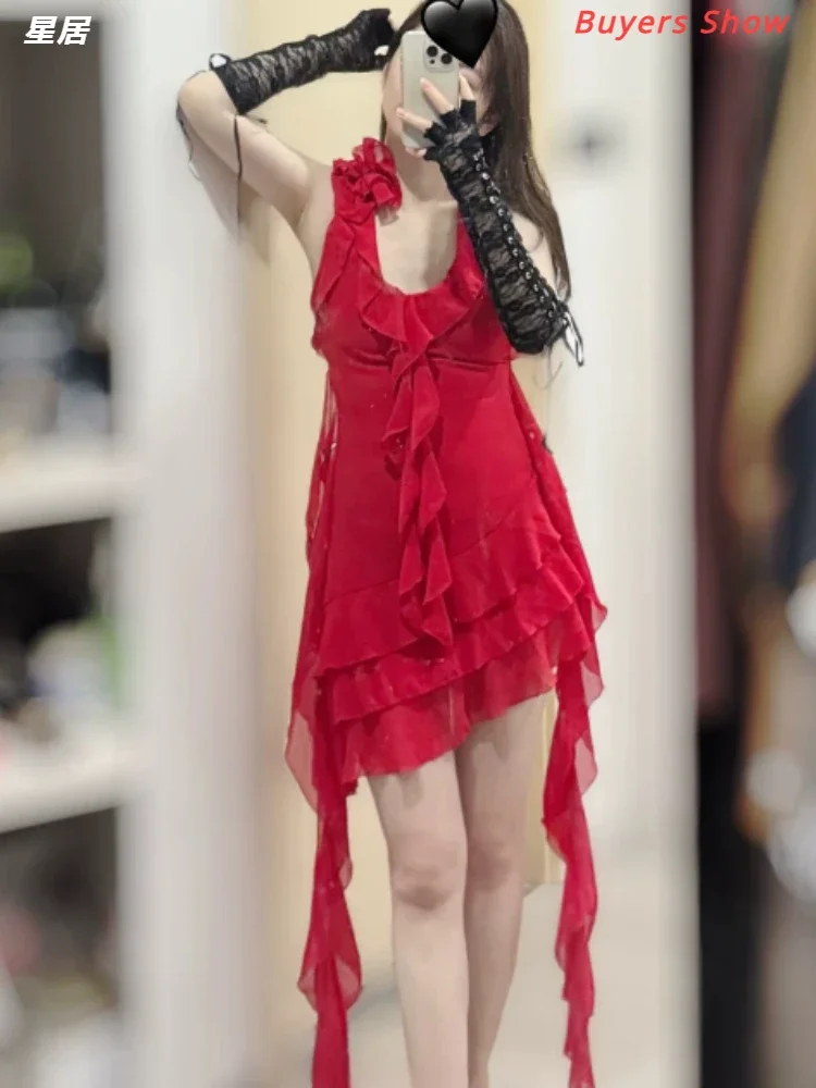 Women Group Kpop Dance Outfit Red Backless Halter Sling Floral Dress Jazz Dance Clothes Stage Singer Costume Hip Hop Dance Suit