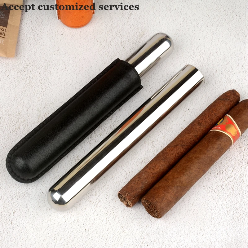 Real Leather Cigar Tube Stainless Steel Cigar Holder 20mm Mini Humidor Durable Cigar Case  Best Smoking Accessory