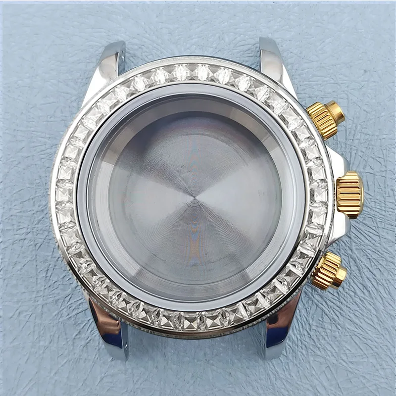 Silver and gold 39.5mm VK63 Case Gem Bezel quartz chronograph watch Custom logo Dial Fit VK63 Movement Sapphire Glass Watch Case