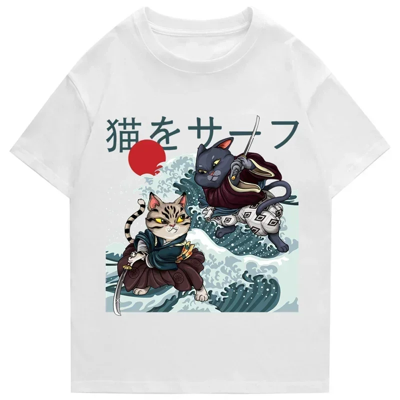 Hip Hop Street Style Harajuku TShirt Surf Cat Print T-Shirt 2025 Men's Summer Short Sleeve T-Shirt Cotton Loose Top Women