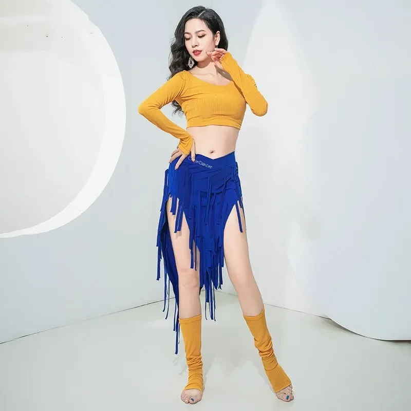 Bellydance Triangle Hip Scarf Tassel Fringe Skirt Women Long Sleeve Finger Thumb Hole Top Leg Warmmer Oriental Dancer Costume