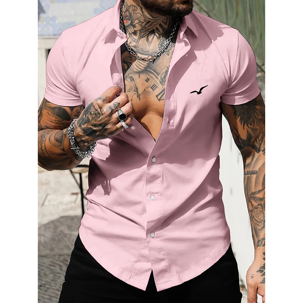 

Повседневная однотонная рубашка с короткими рукавами, летняя мужская рубашка на пуговицах, однобортные пляжные рубашки с принтом логотипа чайки, мужские