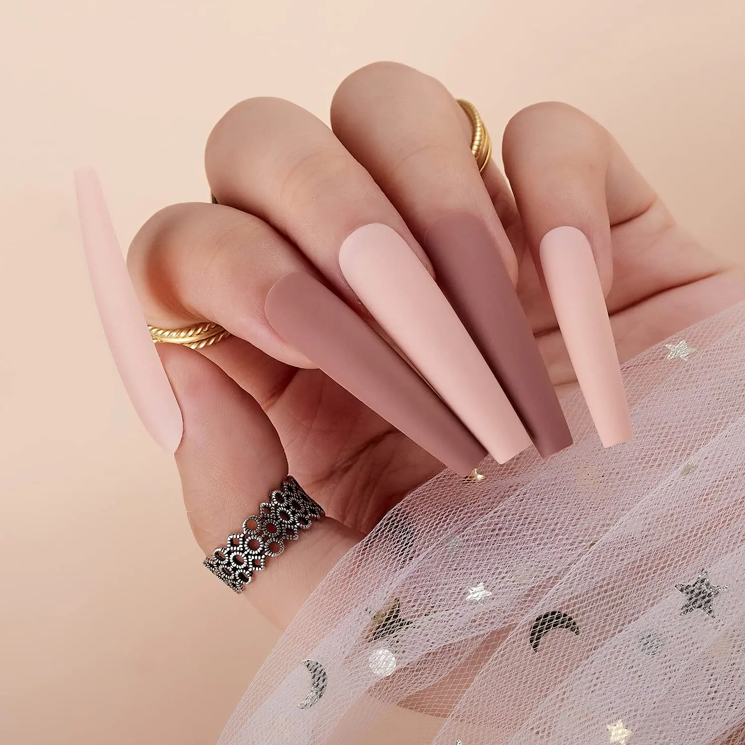 Makartt-Kit Francês Unhas Falsas, Imprensa Em Acrílico Dicas De Unhas, Nude e Rosa, Unhas Do Caixão, XXL Longo, 12 Tamanhos, 24 Pcs