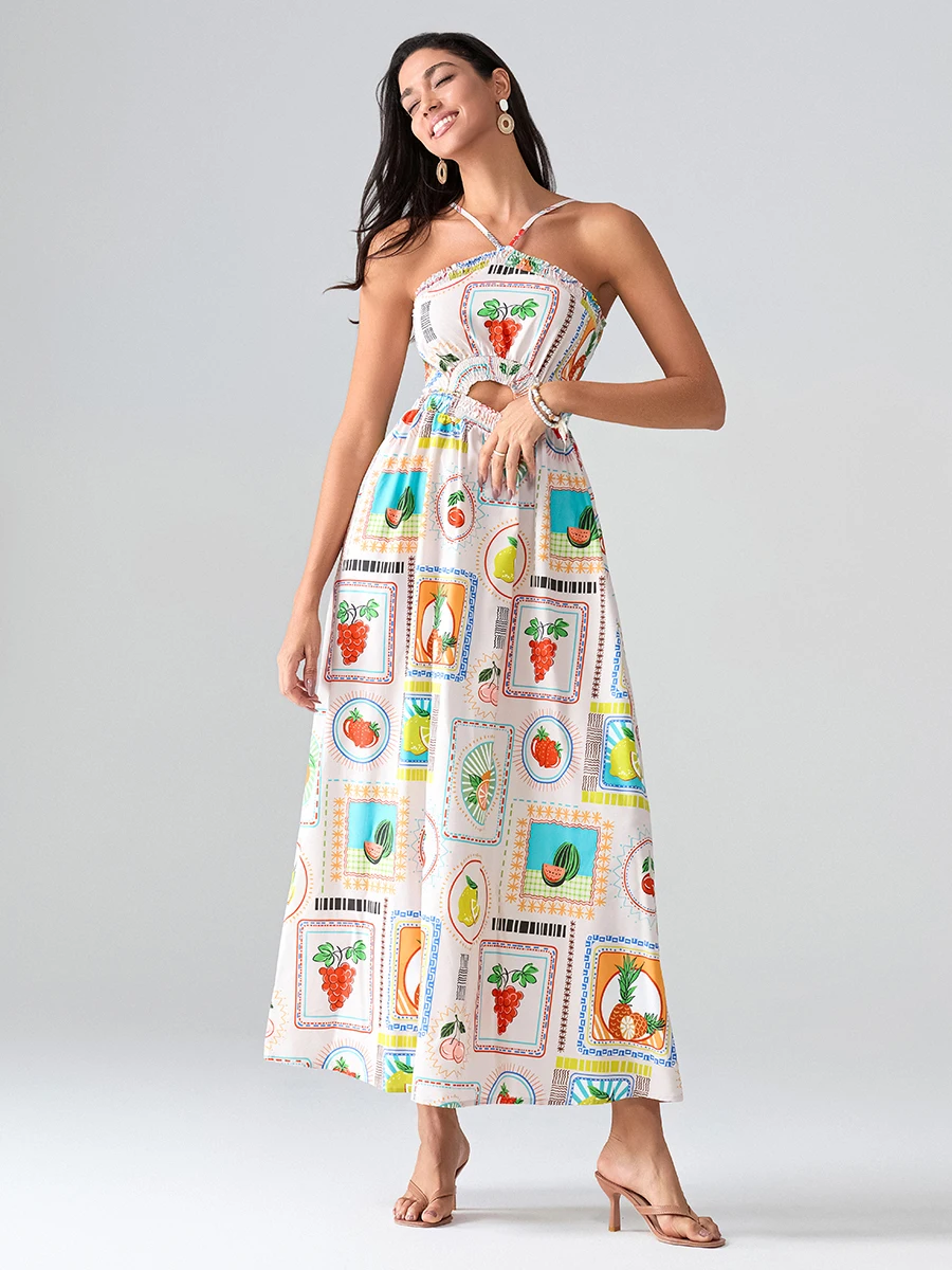 Women‘s Long Dress Summer Boho Strap Square Neck Farm Rio Dress Casual Flowy Graffiti Long Dress Beach Swing Party Maxi Dress