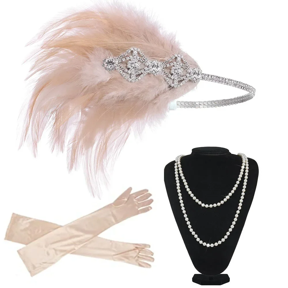 

Women 20s Great Gatsby Party Costume Flapper Headband Pearl Necklace Glove 1920s Great Gatsby Headpiece Accessories Set