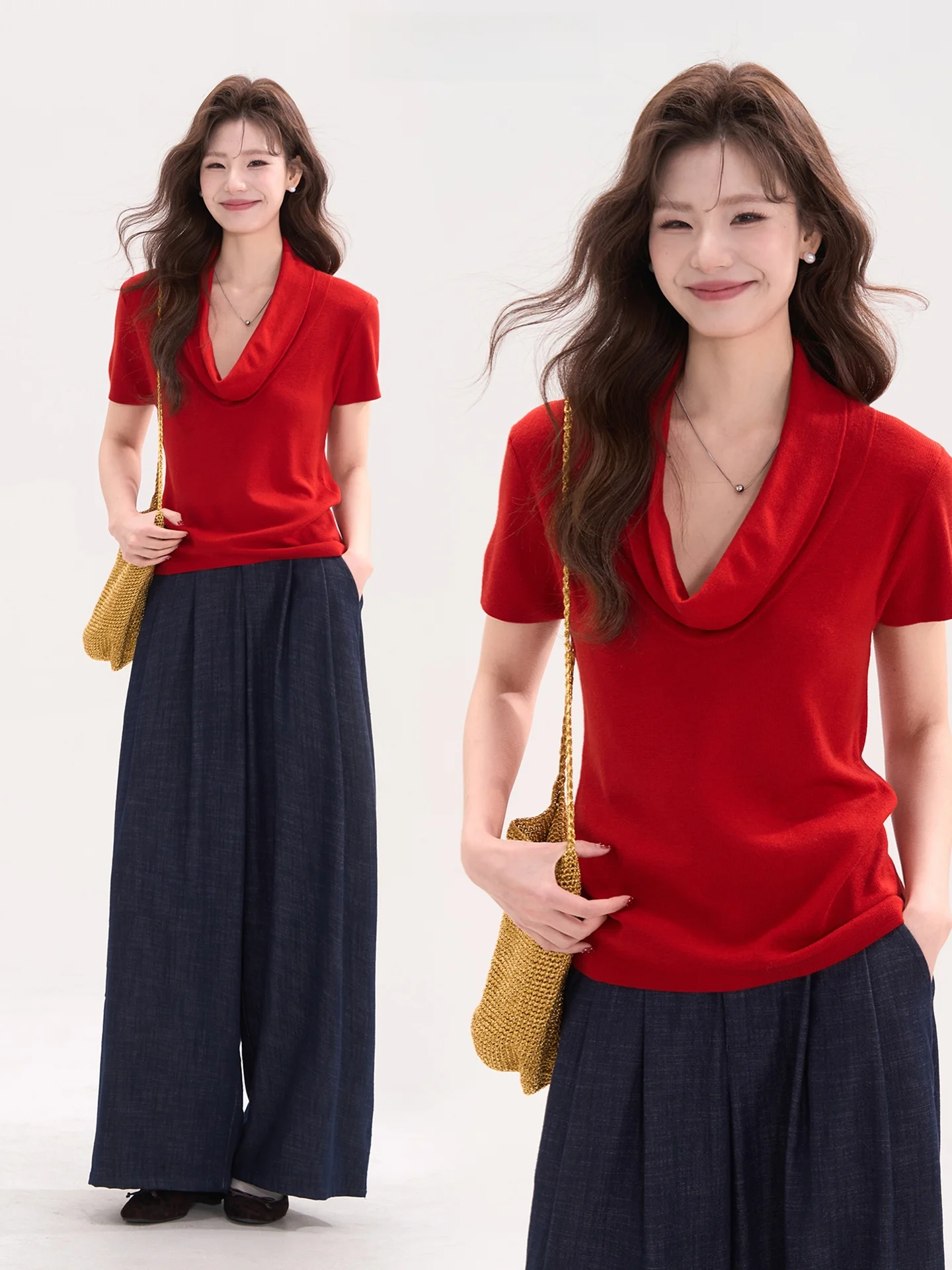

Heme 6 Wool Blend ort Sve Knitwear V-Ne Casual Sle Women's Slimming Top Korean Faion Spring Summer
