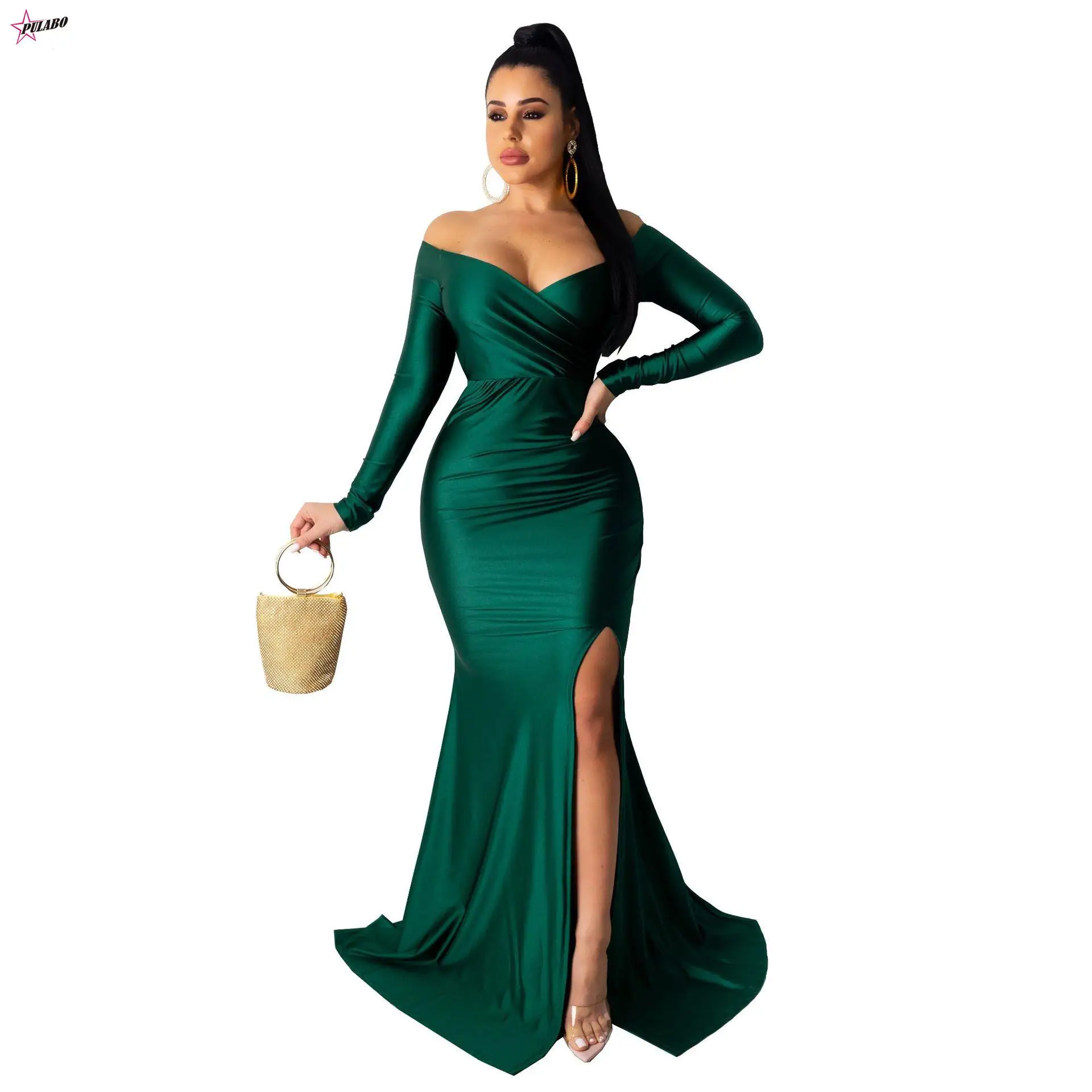 Autumn Winter Women Off Shoulder Plunging V-neck High Side Split Mermaid Maxi Dress Sexy Night Party Club Long Dresses Female