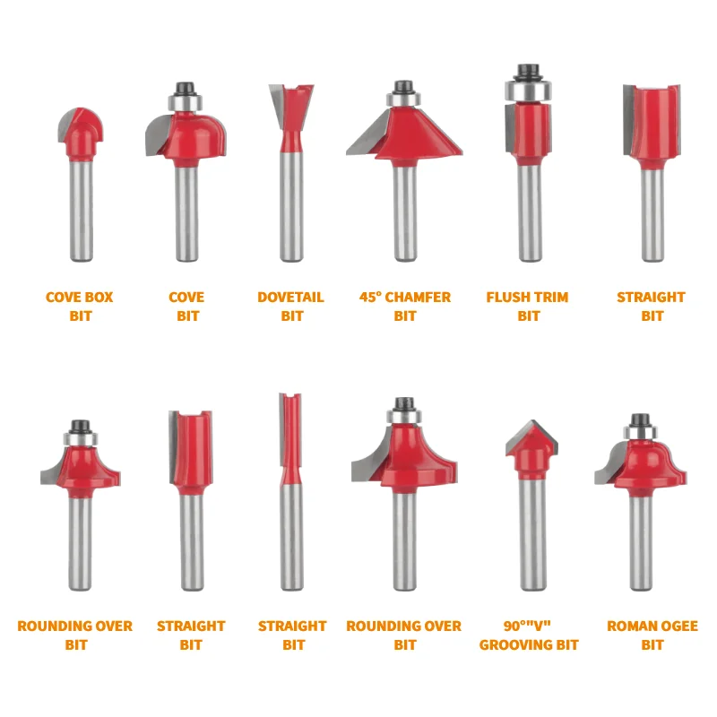 YUSUN 12pcs Router Bit Sets Trimming Straight Carbide Tungsten Cutters Woodworking Milling Cutter For Wood Bit Face Mill Tools