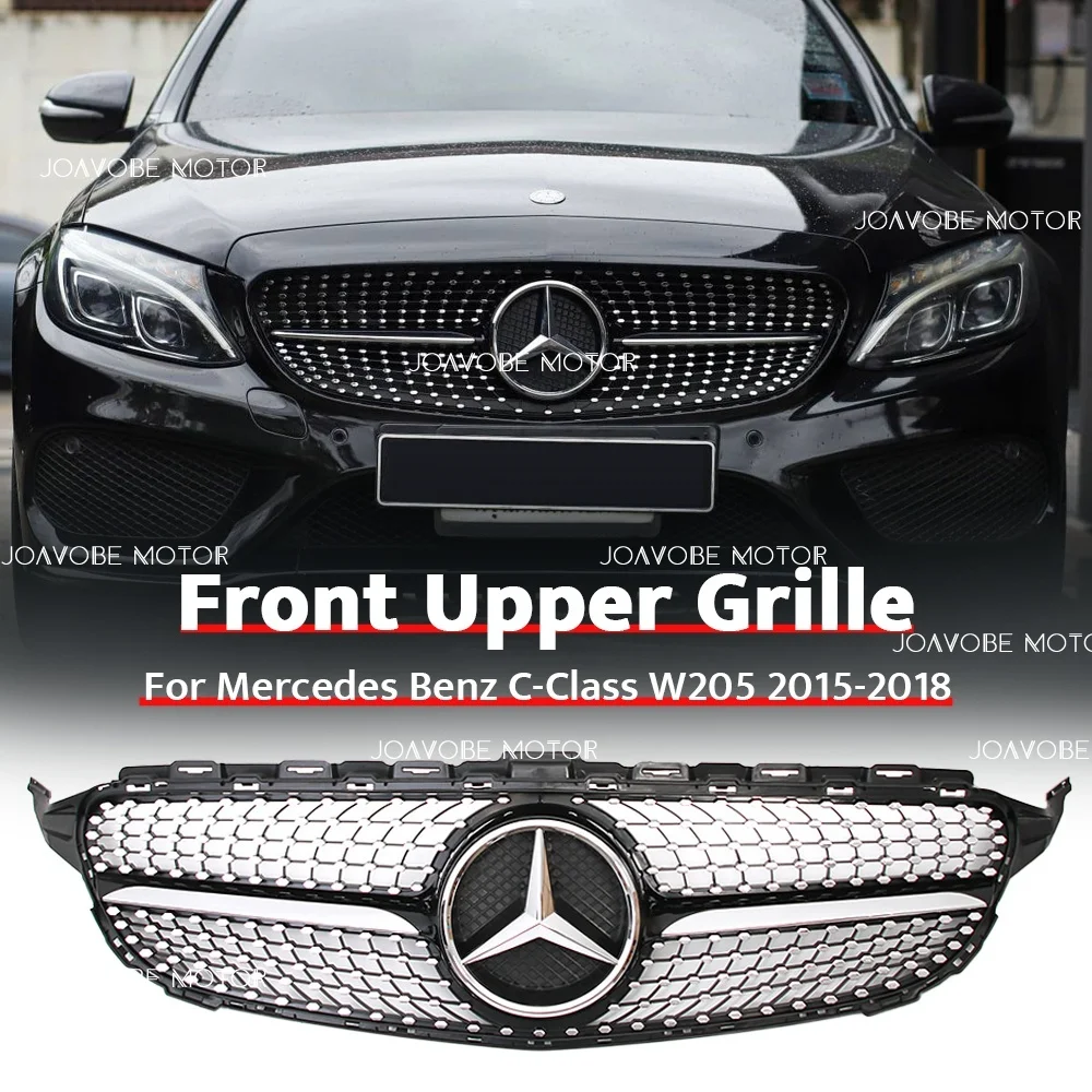 

Передняя решетка в стиле хромированных черных бриллиантов с серебряной эмблемой для Mercedes Benz C-Class W205 S205 C205 A205 2015-2018 без камеры 360