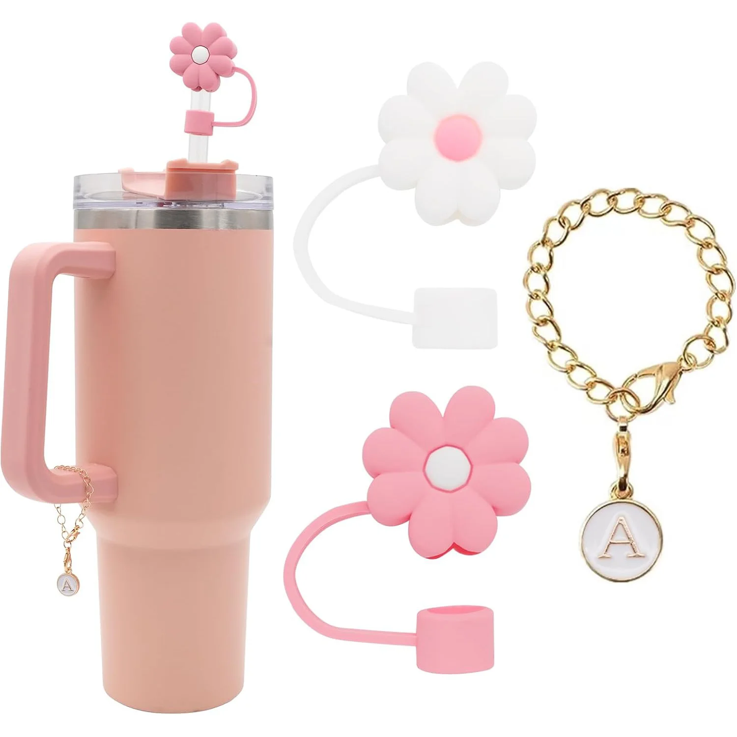 3 Stück Strohhalm-Abdeckung für Stanley Cup 30, 40 Oz Becher, Zubehör, 10 mm Blumen-Silikon-Strohhalm-Topper-Deckel mit Anfangsbuchstaben-Charm