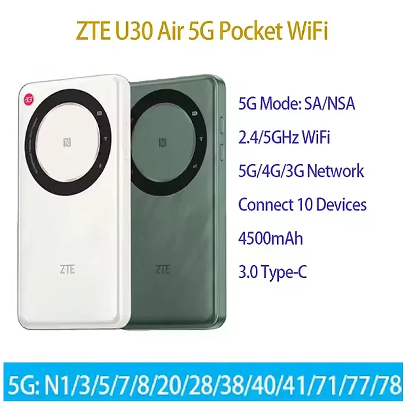 ZTE 5G Pocket WiFi U30 Air 4500mAh Type-C 867Mbps 2.4/5GHz Dual Band Portable Hotspot 5G 4G LTE Sim Card Mobile Router