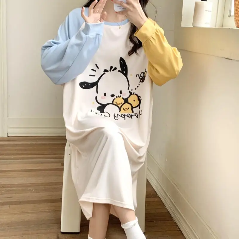 

Юбка для сна Hello Kitty для молодых девушек, кавайная женская осенне-зимняя пижама с длинными рукавами и героями мультфильмов, домашняя одежда для отдыха, платье, новинка