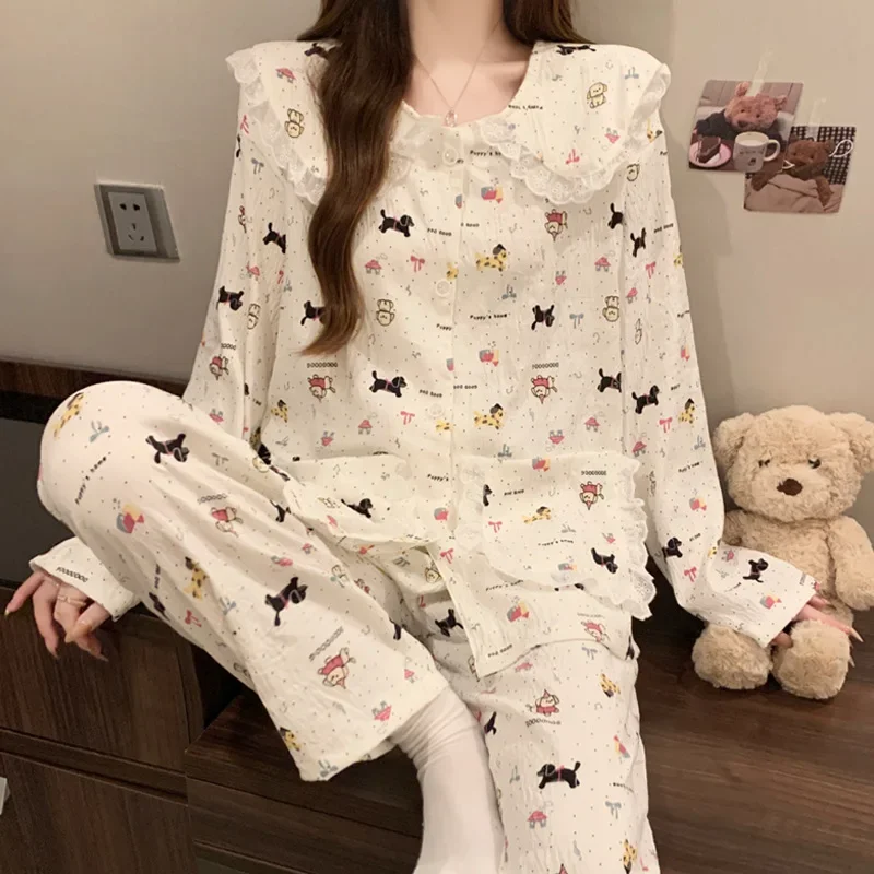 

2PCS/Set Ladies Pajama Set Small Dog Party Doll Collar International Student Long Sleeve Large Size Nightwear Women Sleepwear