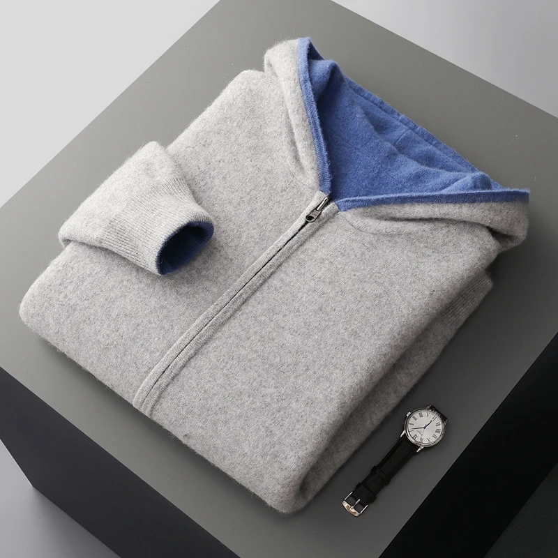Men Cashmere Sweater Hooded Zipper Cardigan Two-side Wear Autumn Winter Thick Knit Large-size Jacket Long Sleeve Sportswear Coat