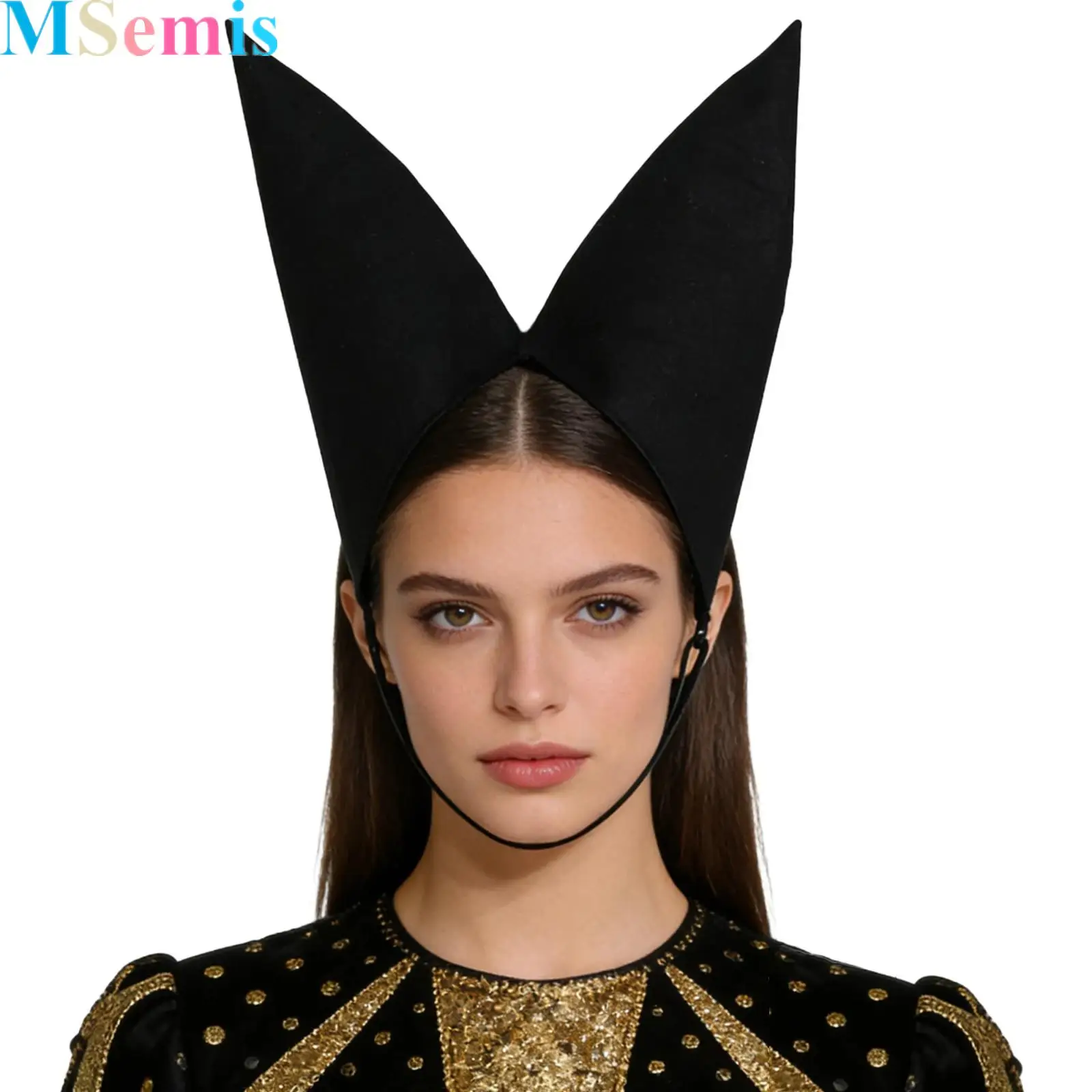 Sombrero Bicornio Medieval Negro con Correa Ajustable para Mujer, Tocado de Noble de Siglo XV, Accesorio de Disfraz Renacentista