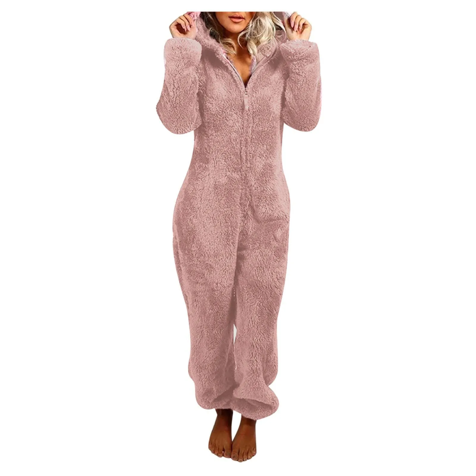 Damen Plüsch Stram pler Pyjama Herbst Winter Onesies Fleece Kapuze Overalls Langarm Reiß verschluss einfarbige Nachtwäsche Homewear