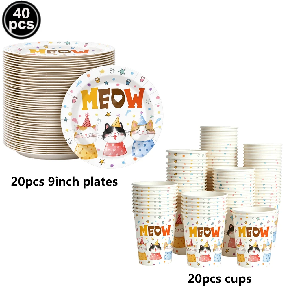 Cute Cat Theme Party Tableware, Plates, Cups, Napkins