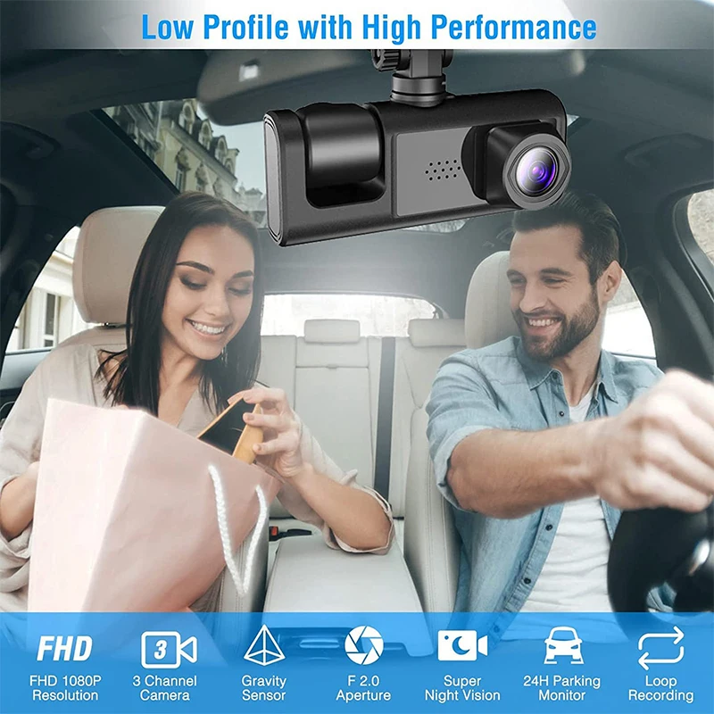 3 Channel Dash Cam 1080P FHD Black Box Dash Camera For Car Camera Video Recorder With Super IR Night Vision 24H Parking Monitor