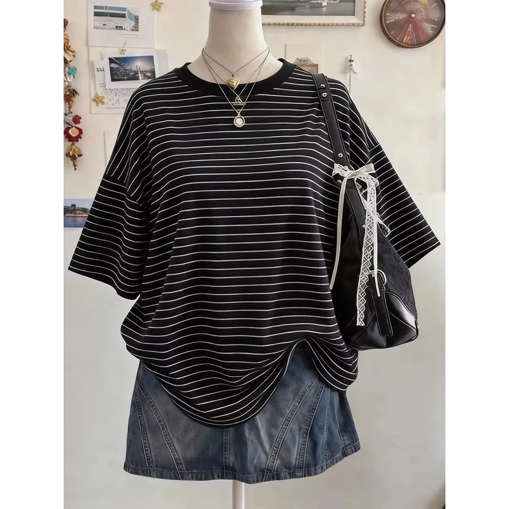 2026 Y2K Gestreiftes Digital-Print Lässiges Oversize-T-Shirt mit Rundhalsausschnitt für Damen und Kinder, Street-Fashion Casual Sport-Oberteil – Detail 13