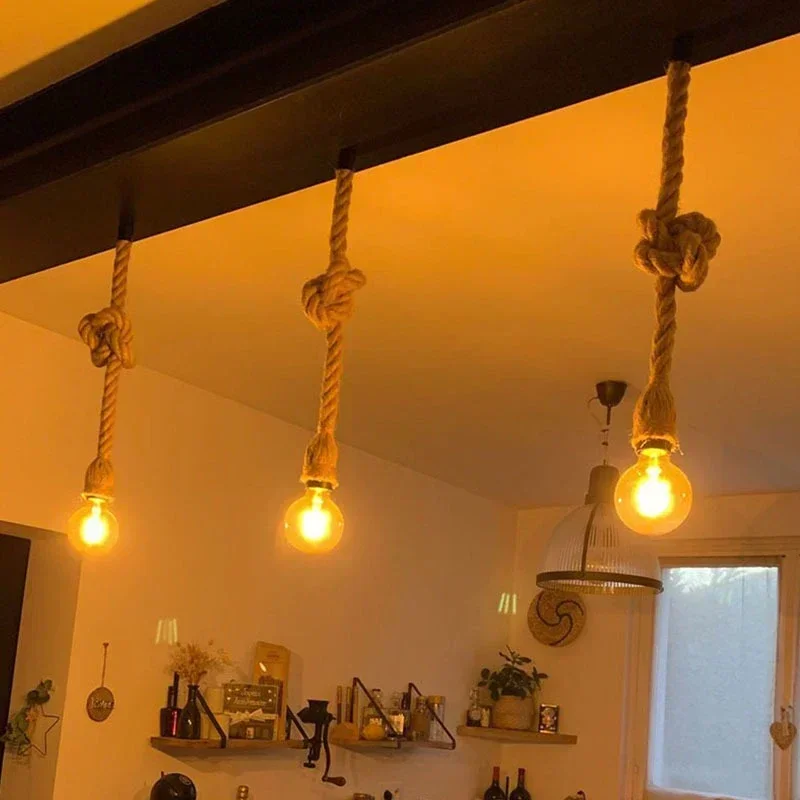 Criativo Loft Casa Lustres, Hemp Rope Pendant Lights, E27 Vintage Retro Hanging Lâmpadas, LED Light Base, AC85V-265V